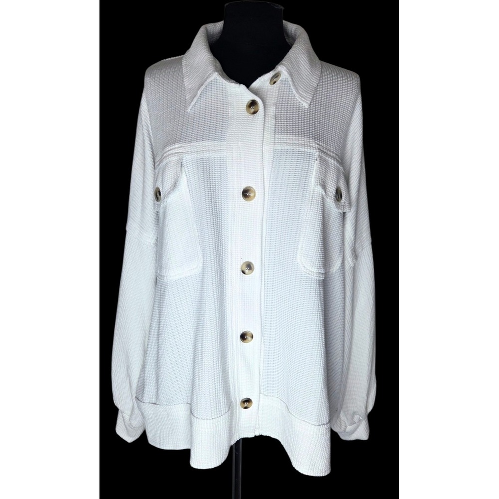 White‎ Birch White Oversized Collar Waffle Knit Shirt Button Up Cardigan Size 3X